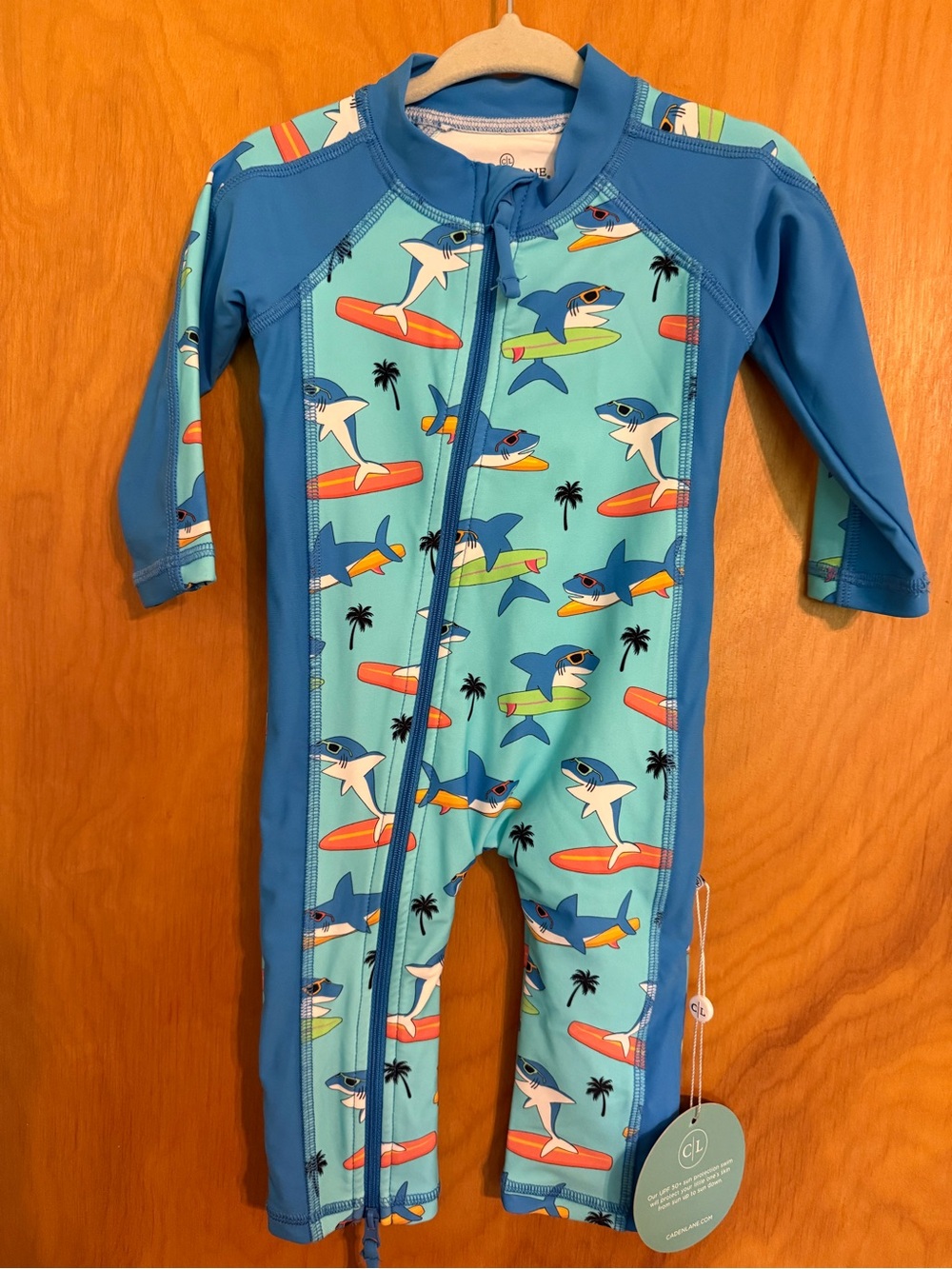 NWT Caden Lane Baby Boy “Surfin Sharks”2 Way Zipper Rashguard Blue Size 3-6 MO